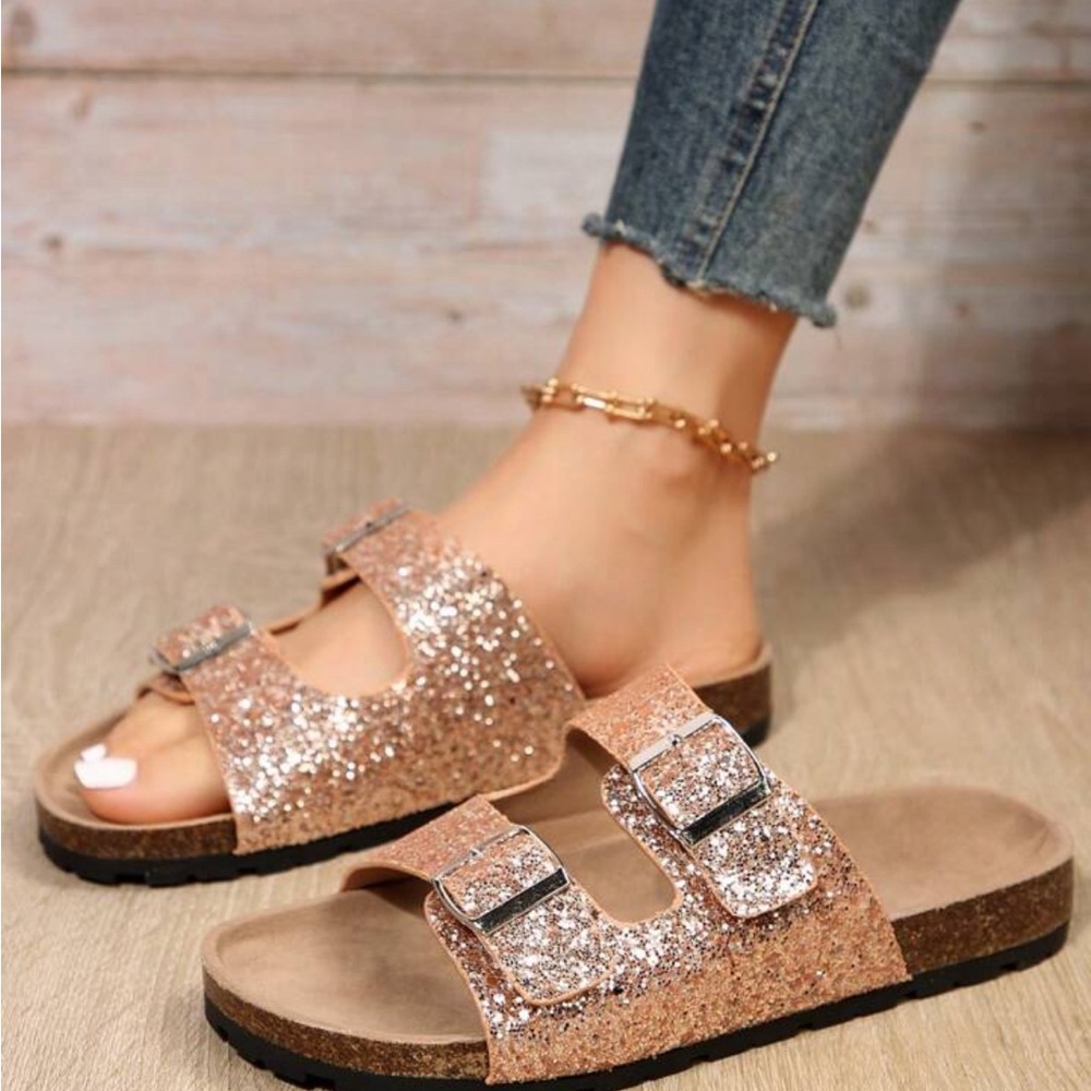 Glamorous Sandals For Women, Glitter Double Buckle Decor Flat Sandals - Picture 3 of 6